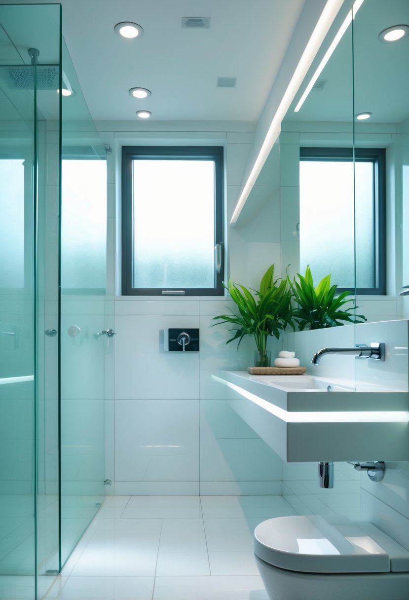 A small bathroom with large mirrors, bright lighting, and glass shower enclosure that makes the space appear larger.