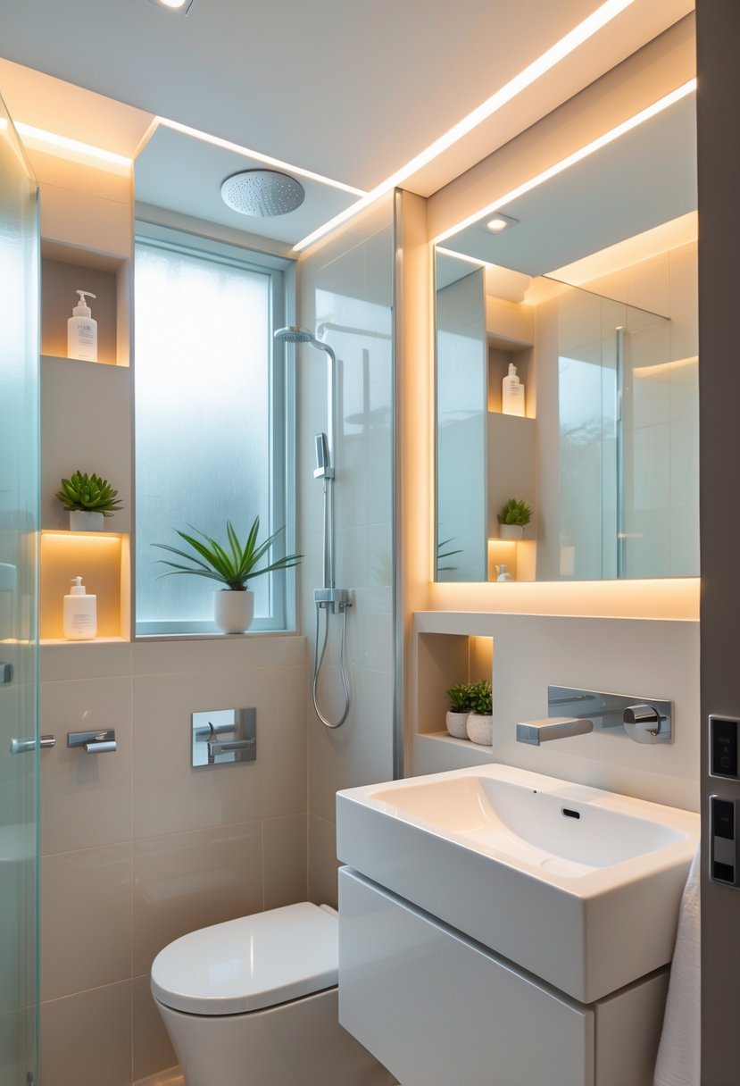 A small bathroom with bright lighting, a large mirror, and organized storage that makes the space appear larger.