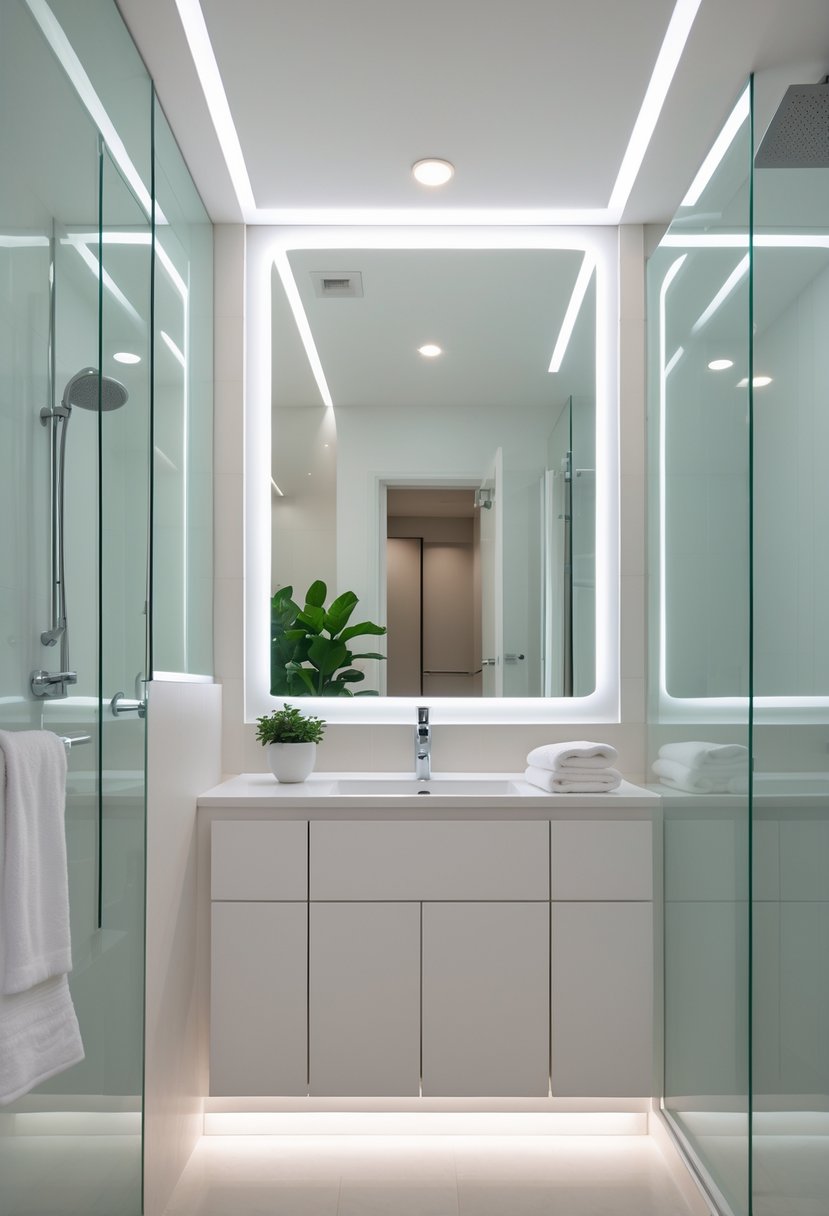 A small bathroom with bright lighting, a large mirror, white vanity, and minimal decor creating a spacious feel.