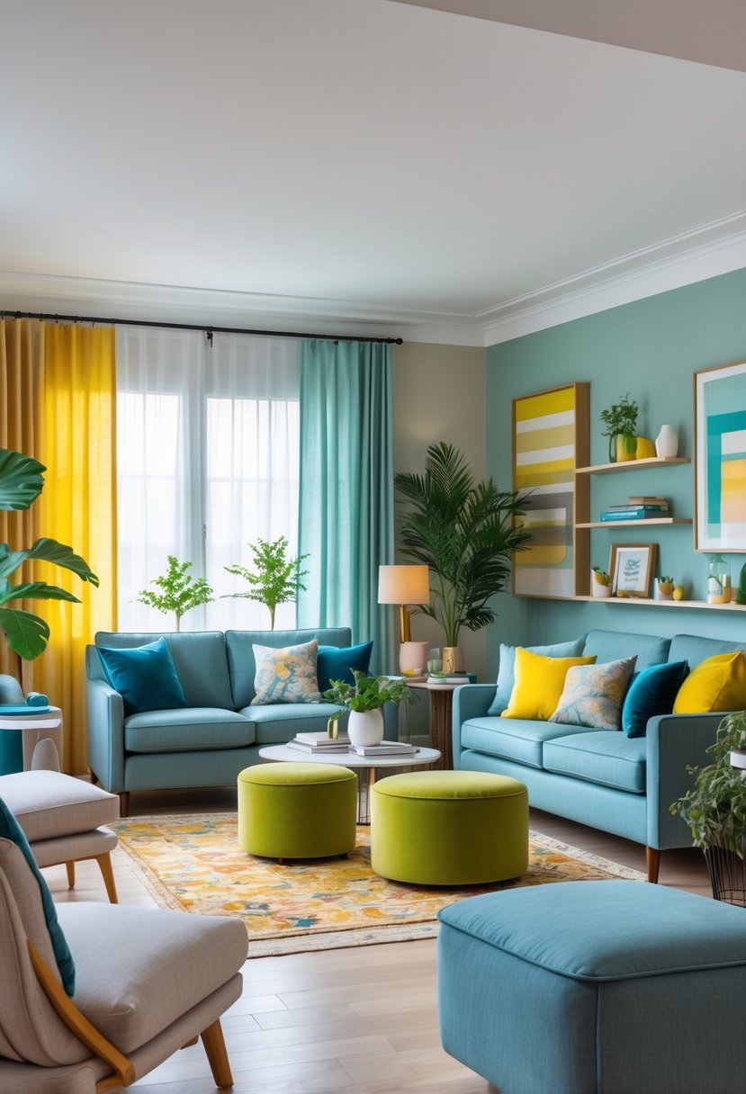 A living room with multiple seating options and a variety of coordinated colors in furniture, walls, and decor, illuminated by natural light from large windows.