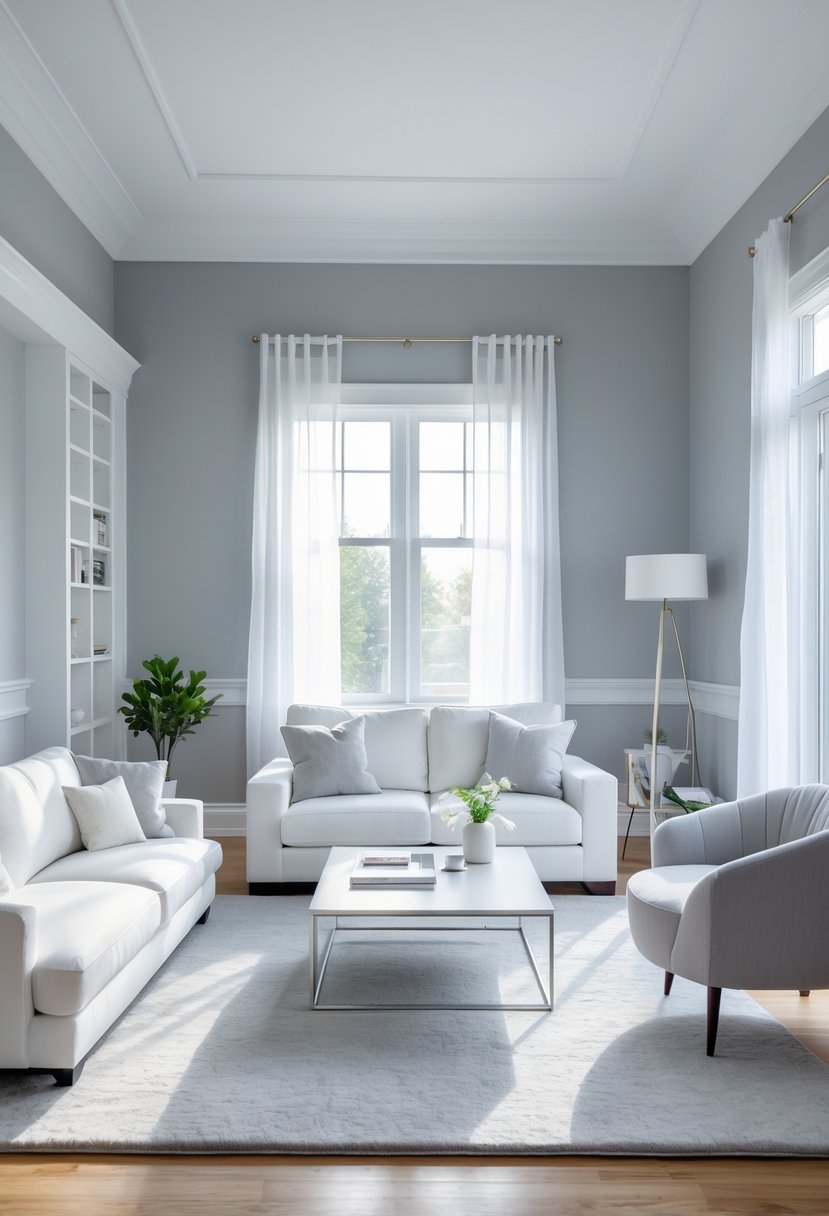 A bright living room with gray walls, a white sofa, large windows, and a coffee table.