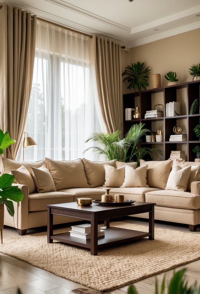 A living room with a beige sofa, dark brown wooden furniture, plants, and natural light coming through windows.
