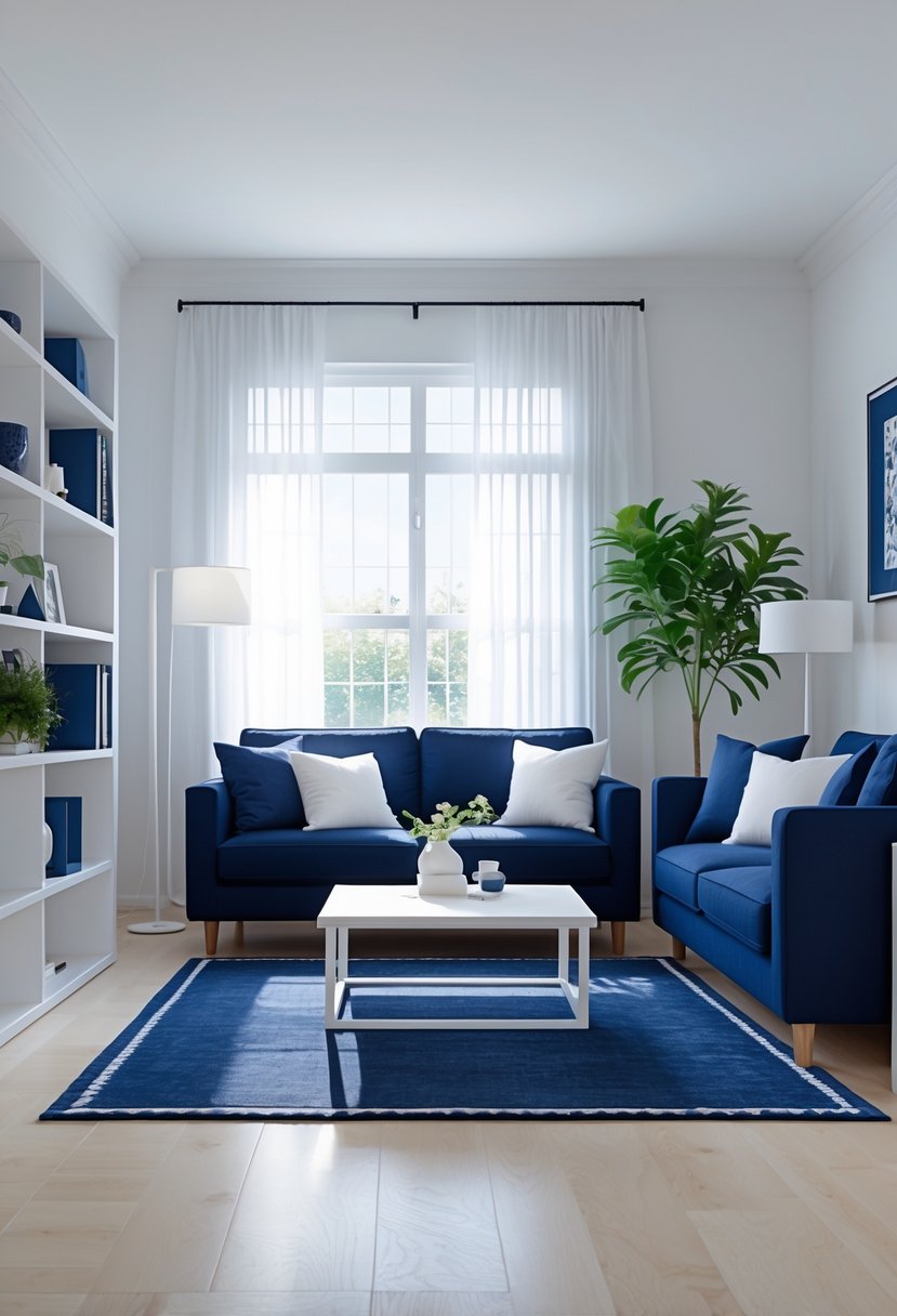 A living room with a navy blue sofa, white coffee table, white walls, and large windows letting in natural light.