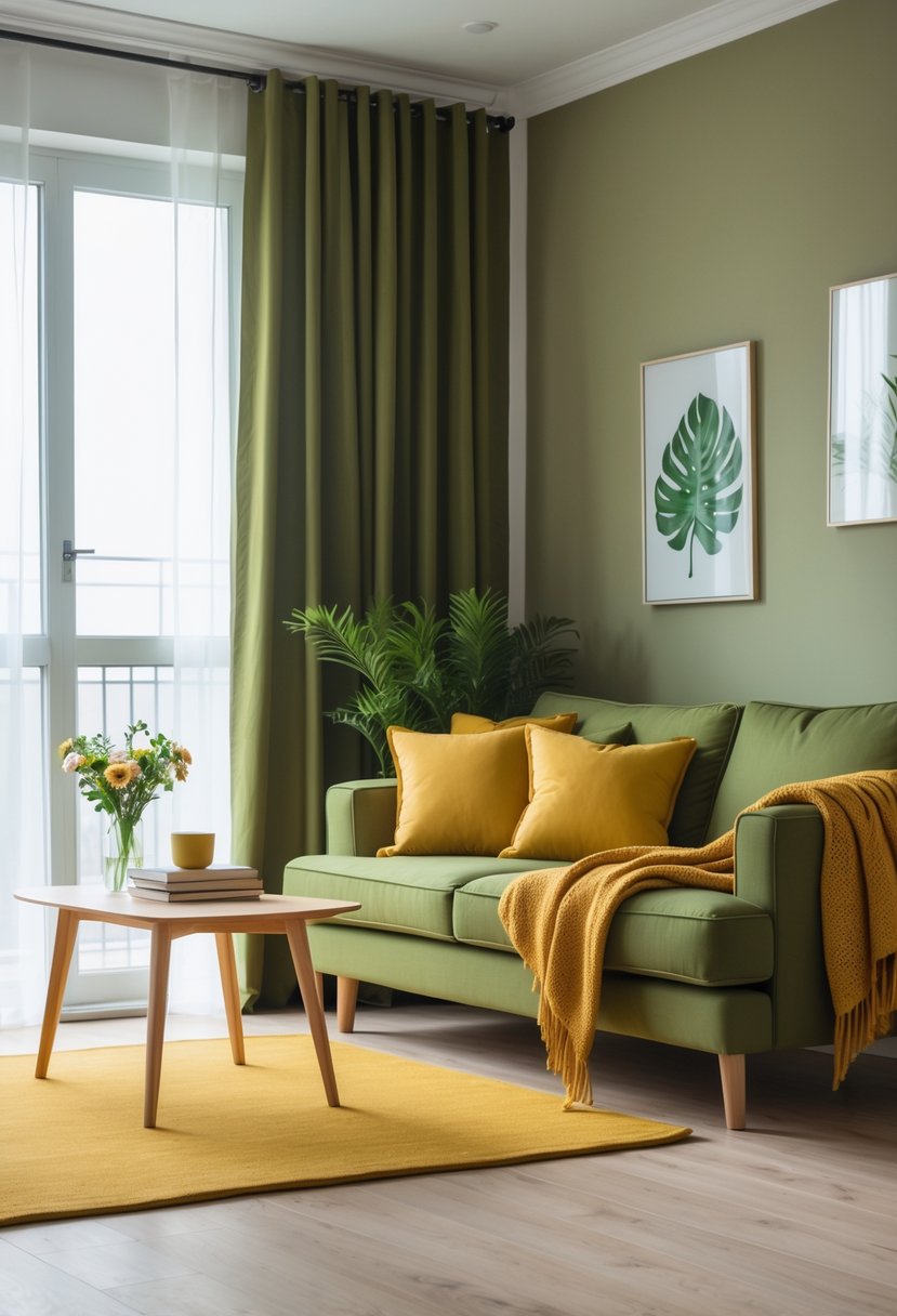 A living room with an olive green sofa, mustard yellow pillows, a wooden coffee table, and natural light coming through large windows.