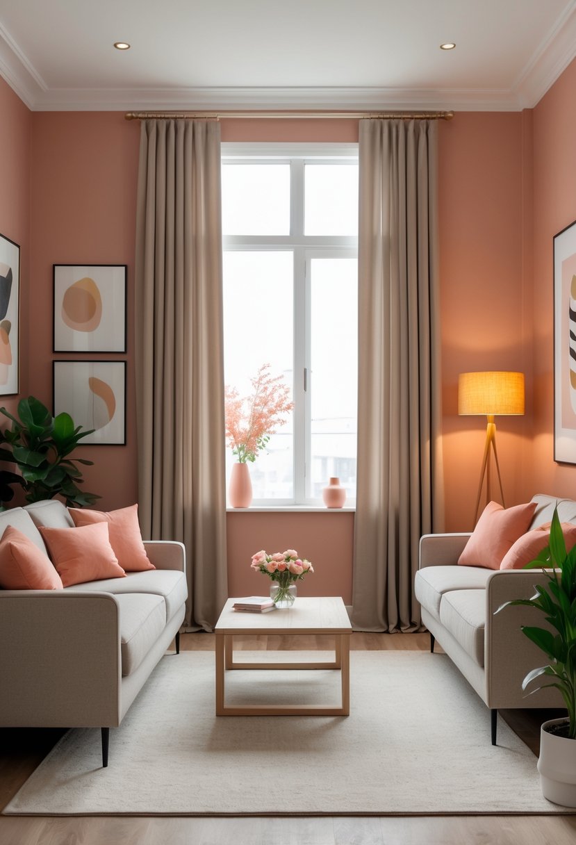 A living room with a light taupe sofa, coral accent pillows, natural wood coffee table, soft coral walls, light taupe curtains, and decorative plants.