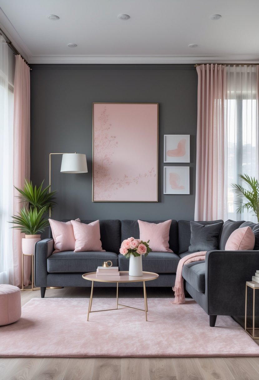 A living room with a charcoal gray sofa, blush pink pillows and rug, a coffee table with decor, large windows with sheer curtains, and indoor plants.