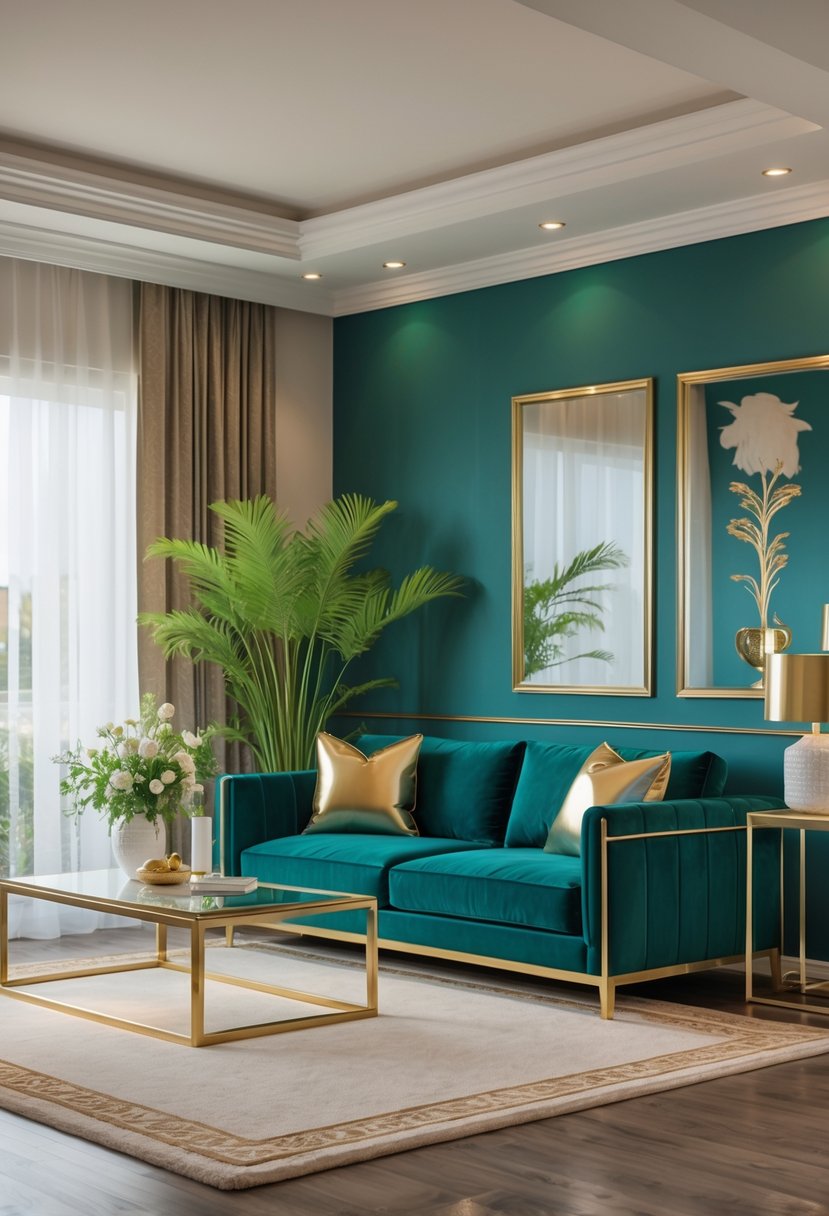 A living room with a teal sofa, gold accents, large windows, plants, and a coffee table.