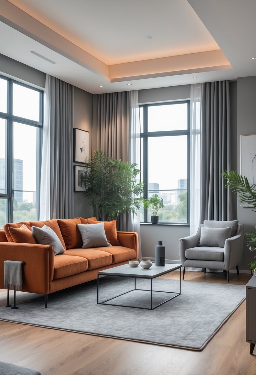 A living room with a burnt orange sofa, grey armchairs, a grey rug, wooden floor, large windows, and indoor plants.