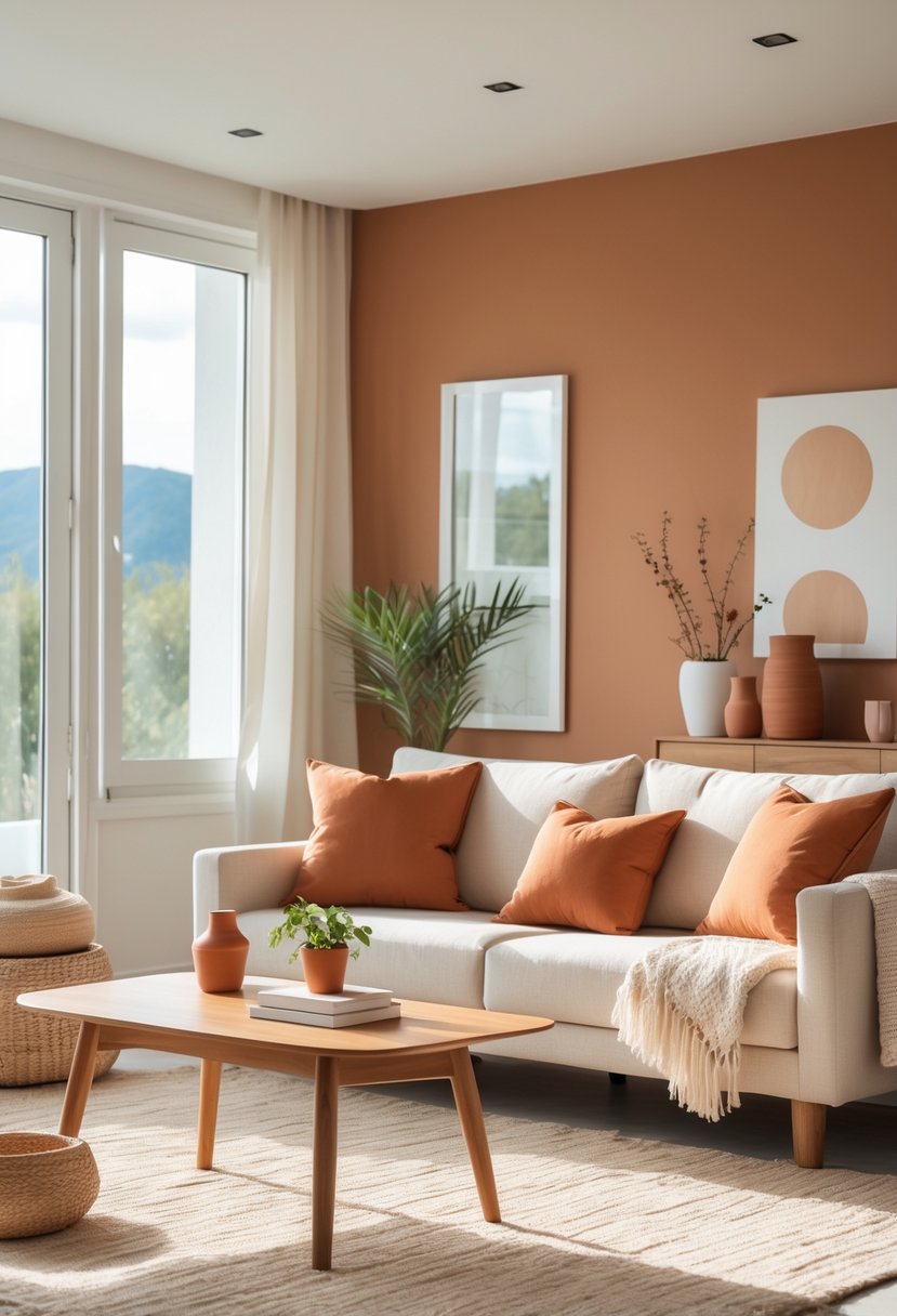 A bright living room with a beige sofa, terracotta pillows, a wooden coffee table, green plants, and large windows letting in natural light.