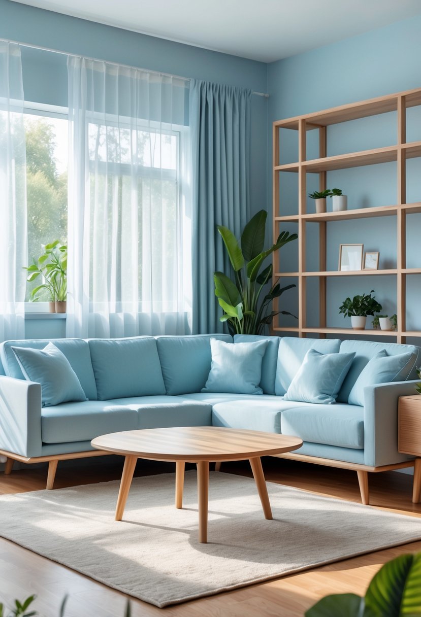 A living room with a powder blue sofa, natural wood furniture, large windows, and green plants.
