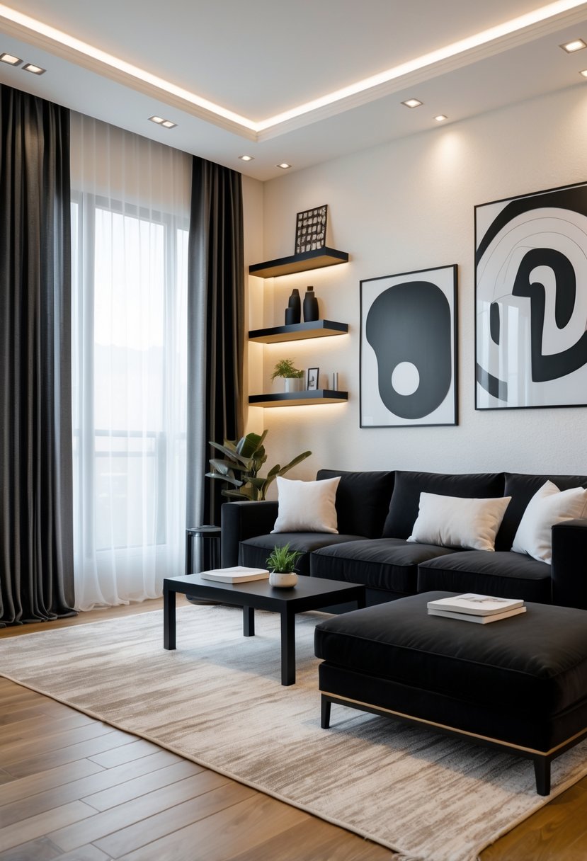 A living room with a black sofa, warm white walls, a coffee table, and large windows letting in natural light.