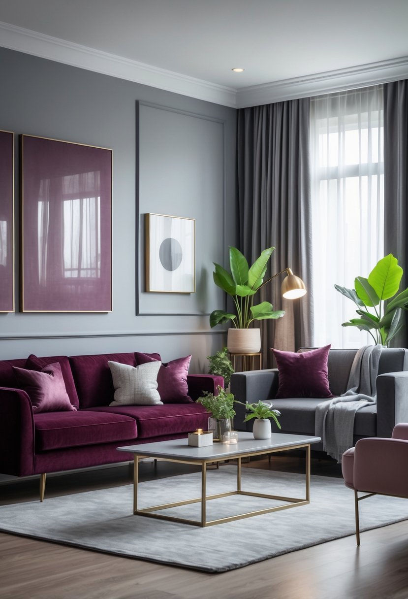 A living room with a deep burgundy sofa, pale gray walls, a light gray rug, and natural light coming through large windows.