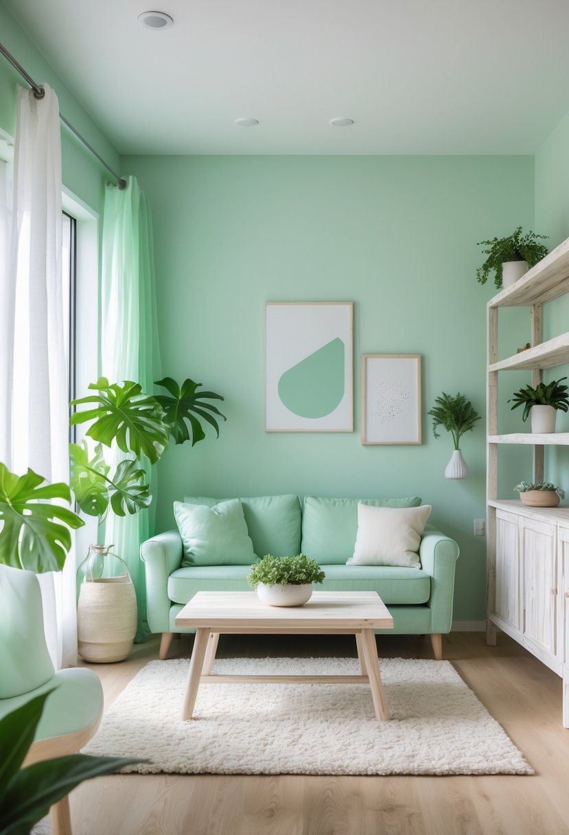 A bright living room with a soft mint green sofa, whitewashed wooden furniture, plants, and large windows letting in natural light.