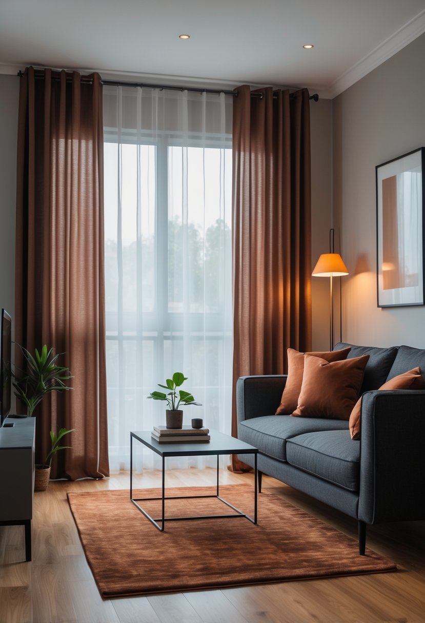 A living room with a charcoal gray sofa, burnt sienna pillows and rug, wooden floor, coffee table, and large windows letting in natural light.