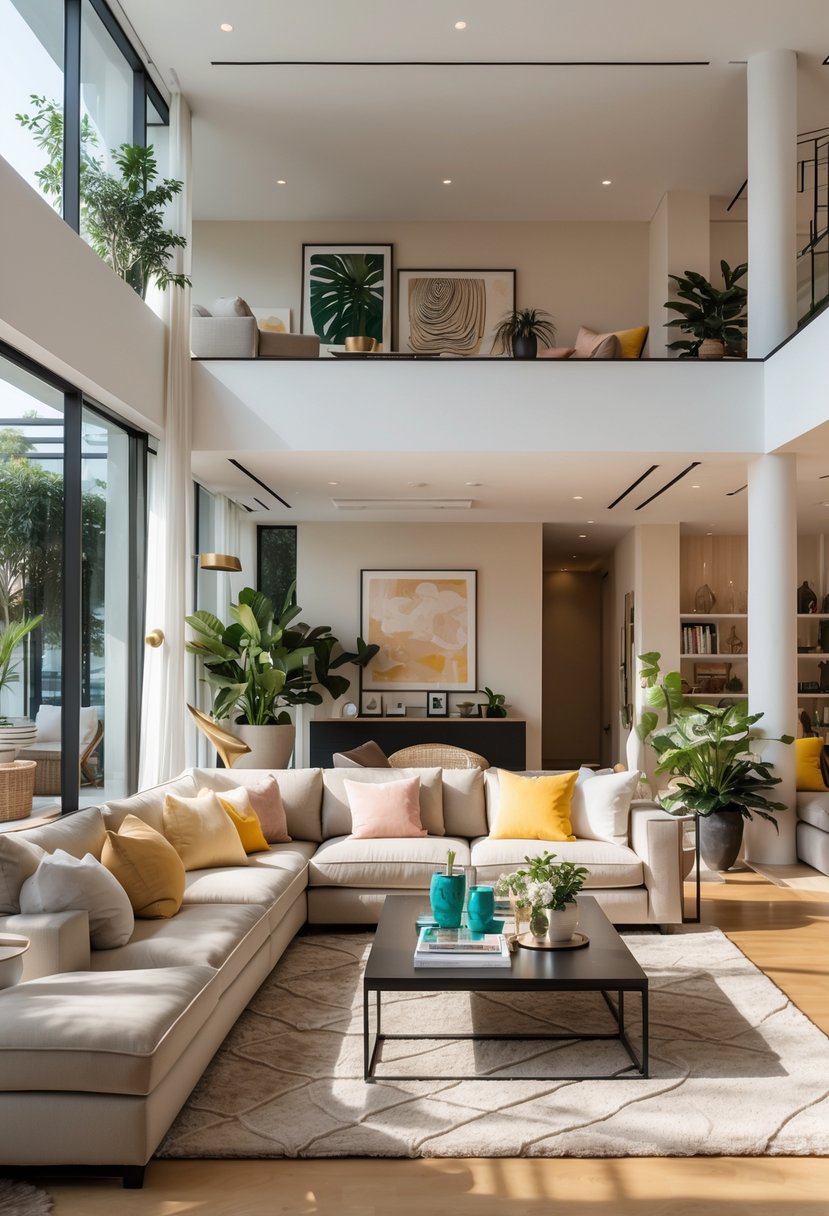 A large living room with a sectional sofa, coffee table, plants, and large windows letting in natural light.