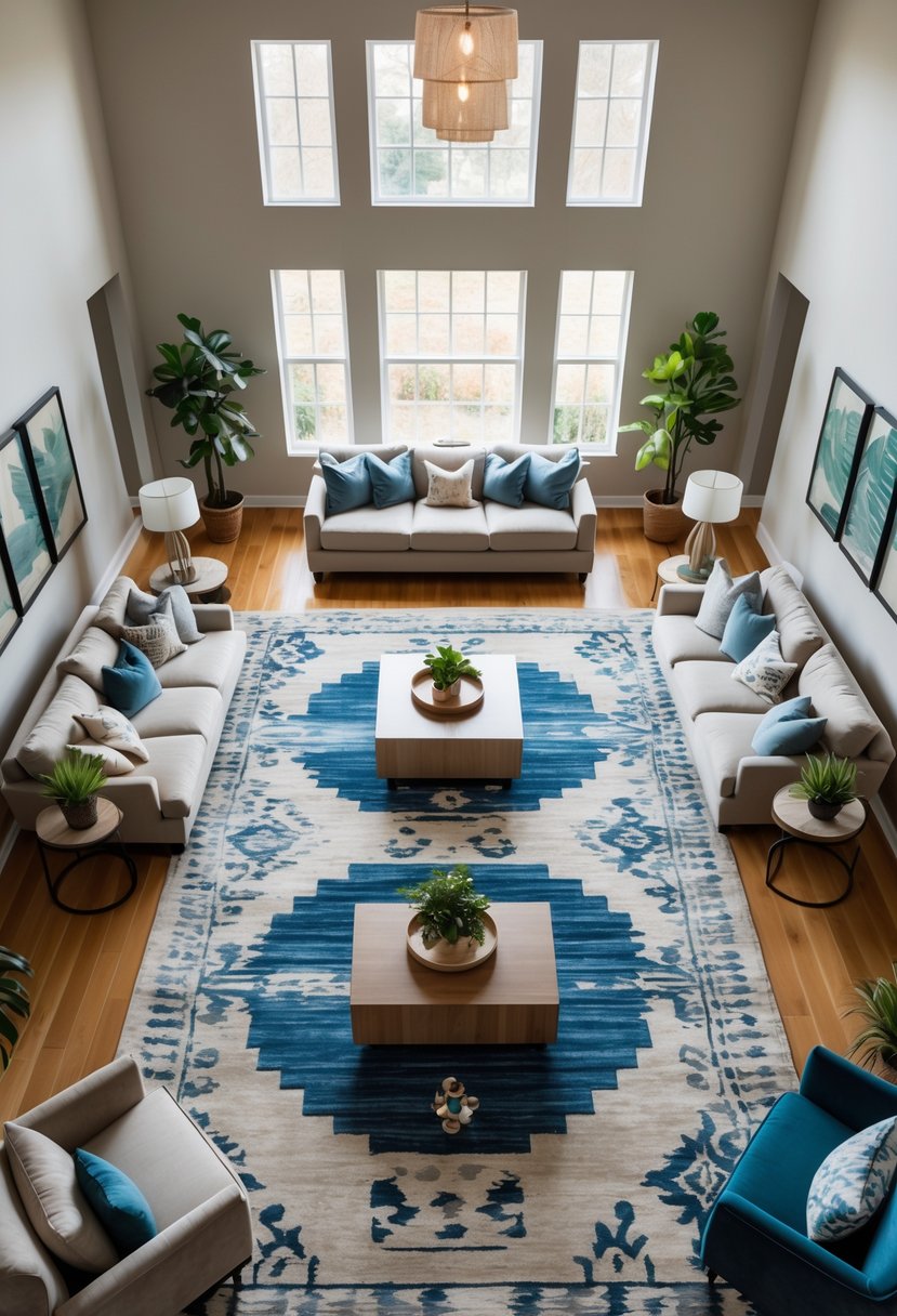 A large living room with multiple seating areas separated by area rugs, including sofas, armchairs, and coffee tables under natural light.