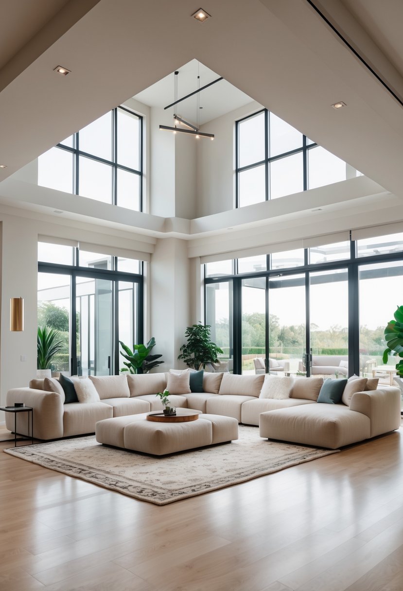A large living room with an oversized sectional sofa, bright natural light, and tasteful decor.