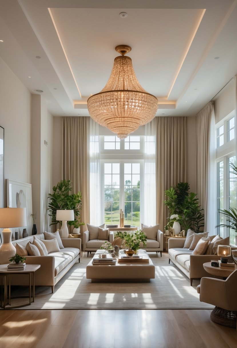 A spacious living room with large windows, comfortable seating, and a prominent chandelier hanging from the ceiling.