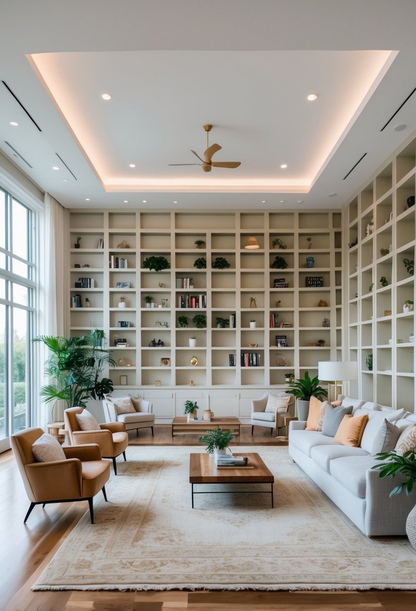 A large living room with built-in shelving units filled with books and decorations, comfortable seating, and natural light coming through big windows.