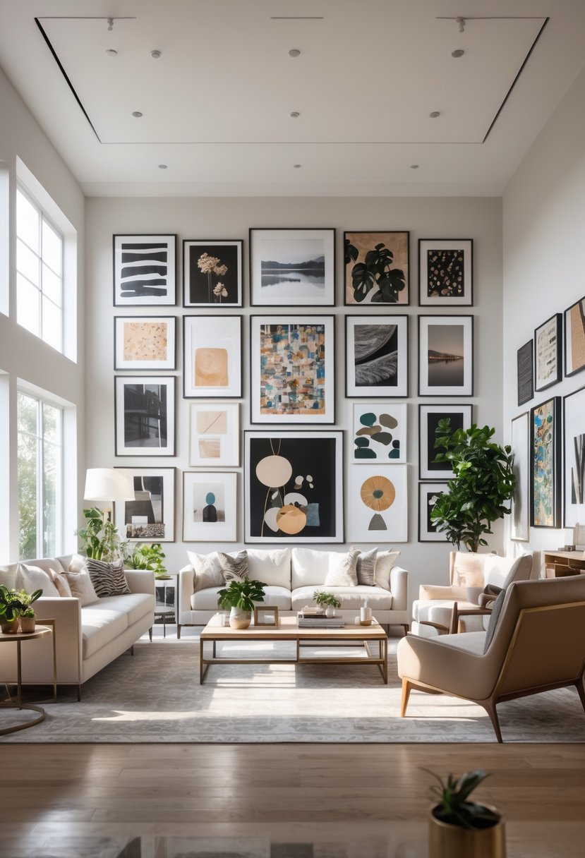 A large living room with a gallery wall of framed pictures, comfortable seating, and natural light coming through big windows.