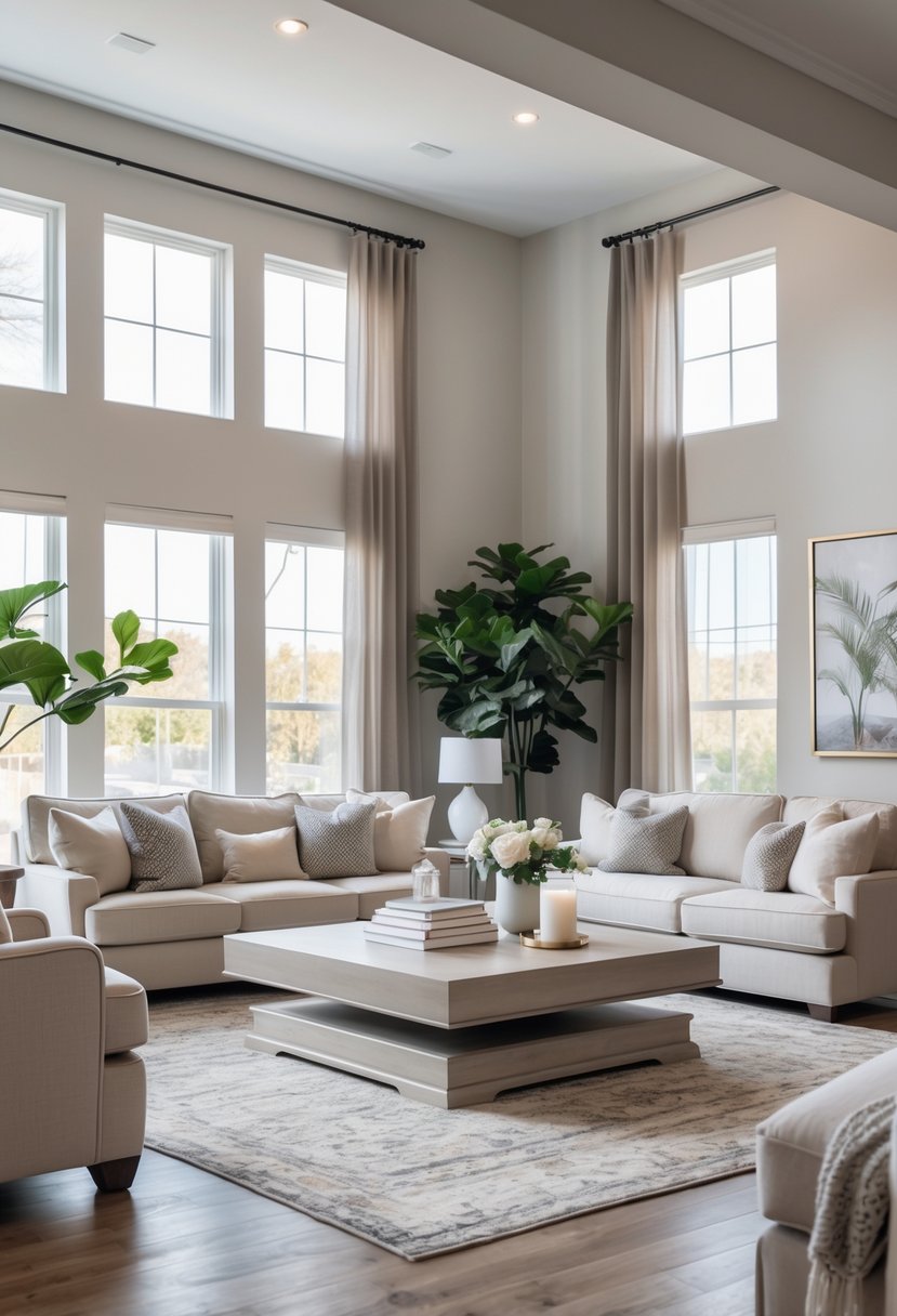 A large living room with a spacious coffee table surrounded by sofas and armchairs, illuminated by natural light from big windows.