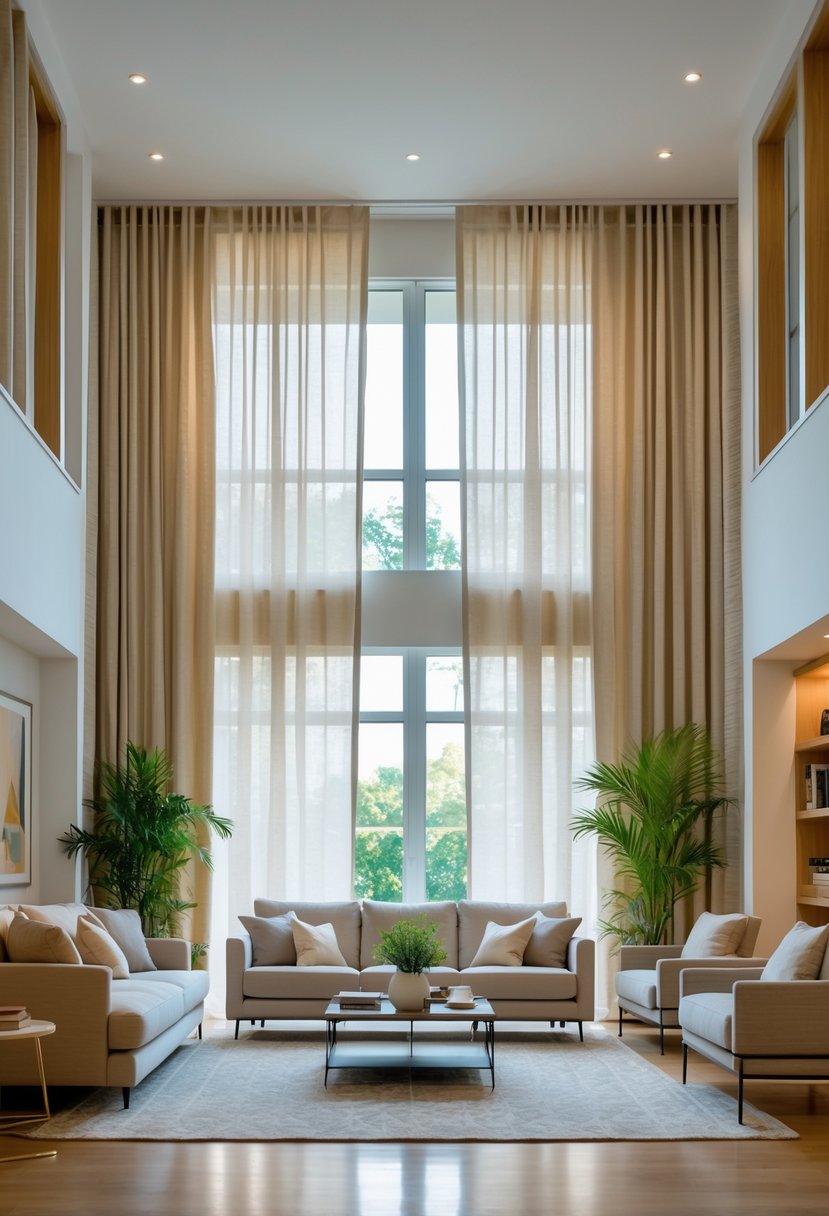A large living room with tall curtains covering floor-to-ceiling windows, a sofa, armchairs, a coffee table, and indoor plants.
