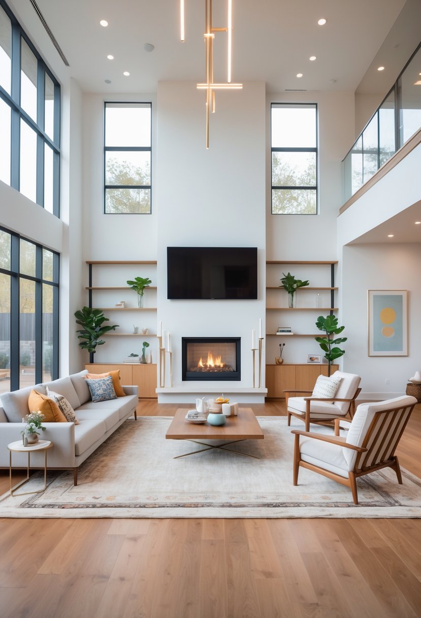 A large living room with furniture arranged around a central fireplace, including a sectional sofa, armchairs, and a coffee table.