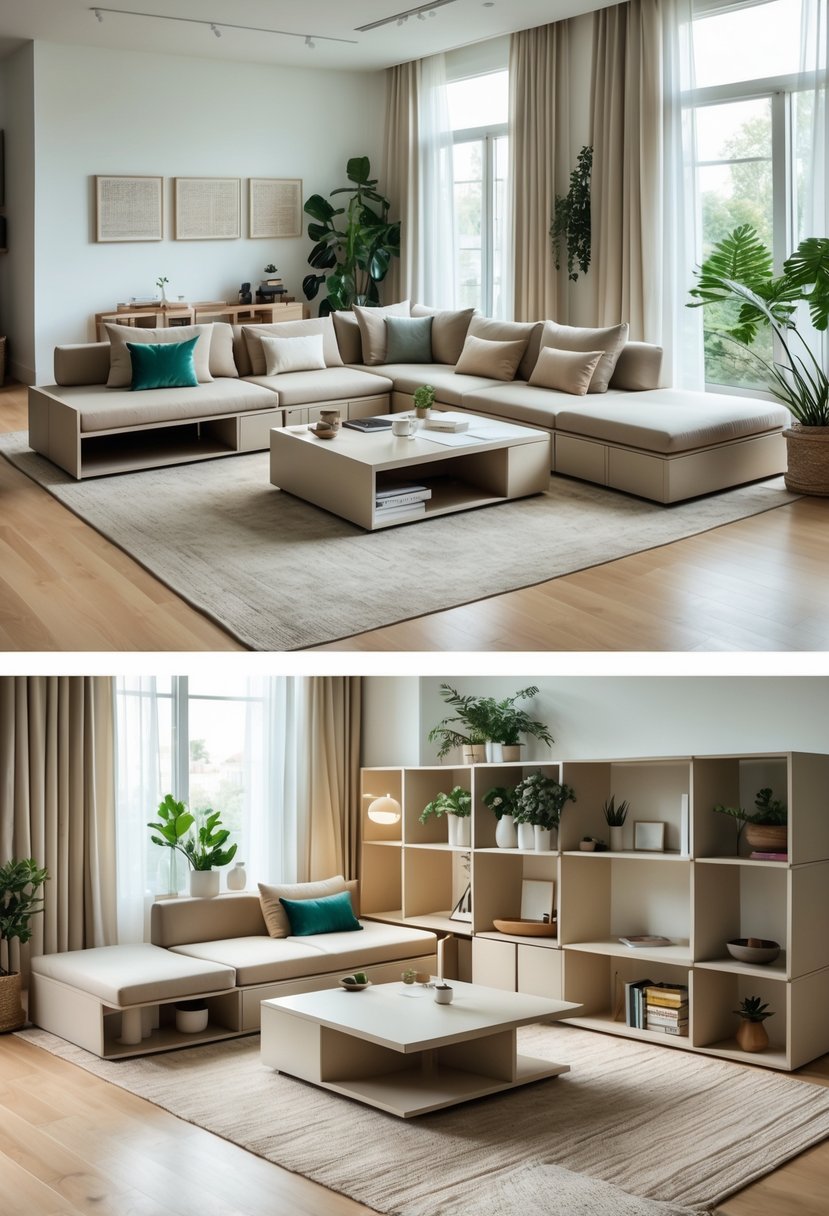 A large living room with multi-functional furniture including a sectional sofa, convertible daybed, modular shelves, and a coffee table, all arranged in a bright and spacious setting.