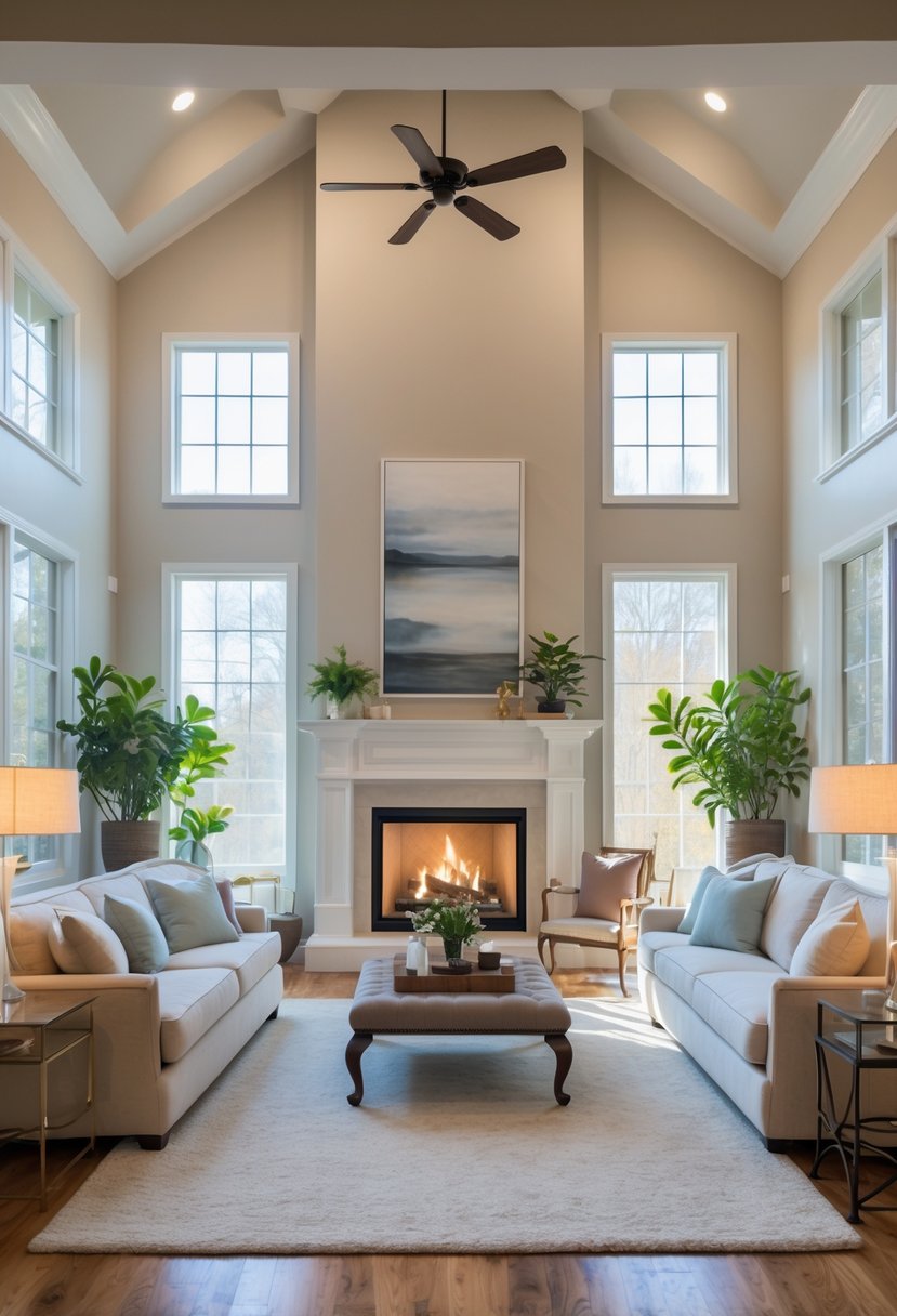 A large living room with a central fireplace surrounded by sofas and armchairs, illuminated by natural light from big windows.
