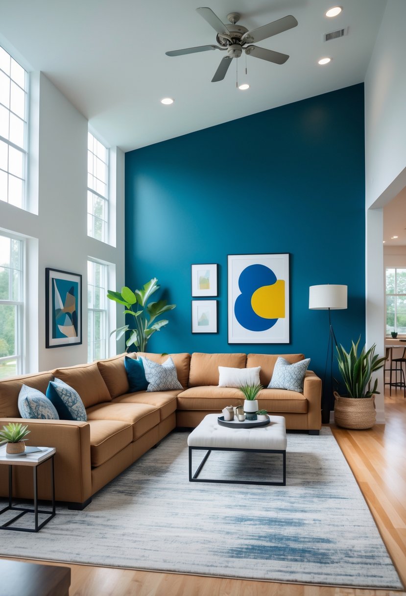 A large living room with a bold colored accent wall, comfortable seating, and natural light coming through big windows.