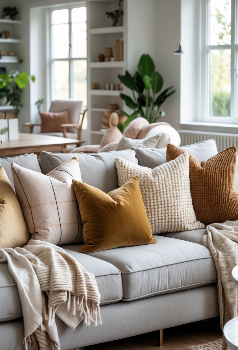 A large living room with a sofa covered in various textured cushions and throws, natural light, wooden floor, coffee table, and plants.