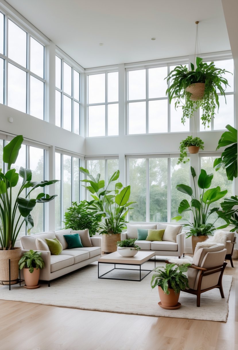 A large living room with multiple indoor plants placed around the space near furniture and windows.