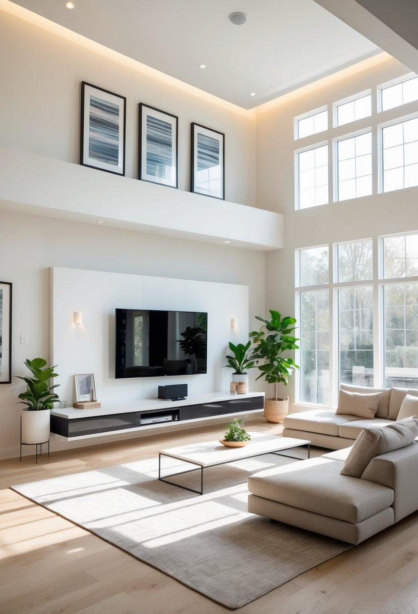 A large living room with a floating media console under a wall-mounted TV, a sectional sofa, coffee table, and large windows letting in natural light.
