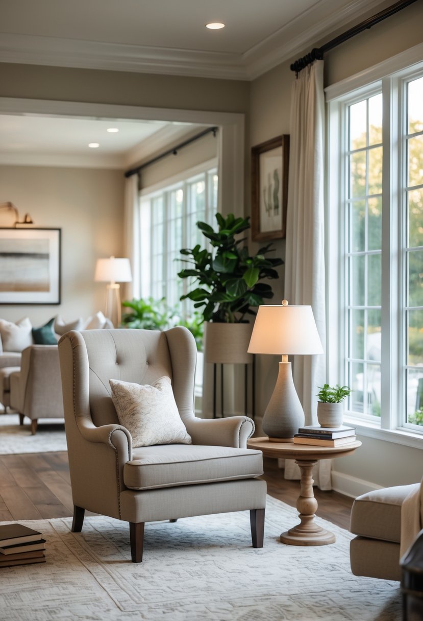A spacious living room with a cozy armchair next to a window, a side table with books and a lamp, and decorative plants.
