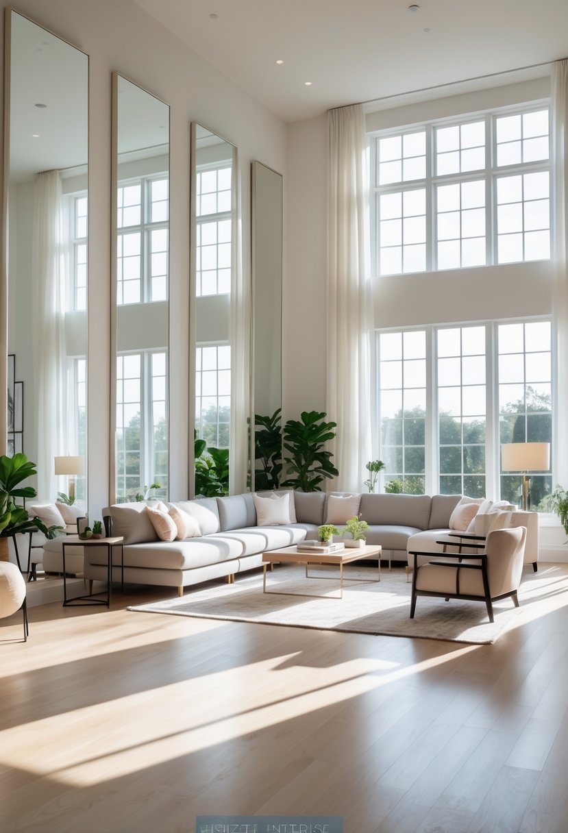 A large living room with big windows and several mirrors on the walls reflecting natural light, featuring modern furniture and plants.