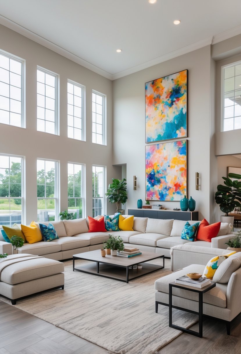 A large living room with neutral-colored furniture and walls, bright natural light, colorful pillows and decorations, and green plants.