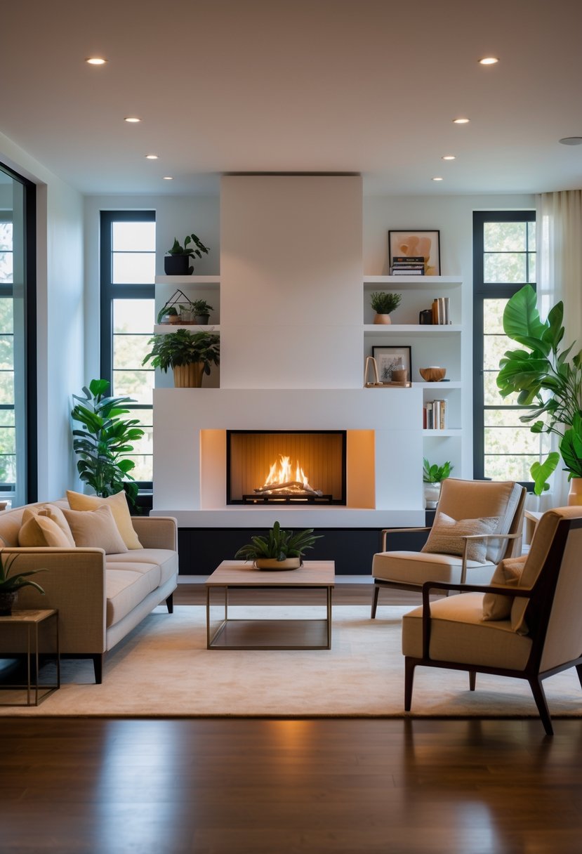 A living room with a lit fireplace, sofa, armchairs, coffee table, and large windows letting in natural light.