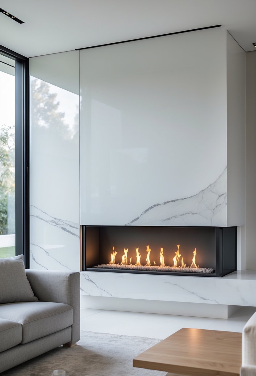 Living room with a linear fireplace set in a marble surround, featuring a glowing fire and neutral furniture.