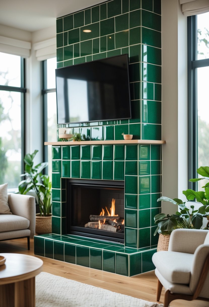 Living room with a green tiled fireplace surrounded by a sofa and coffee table.