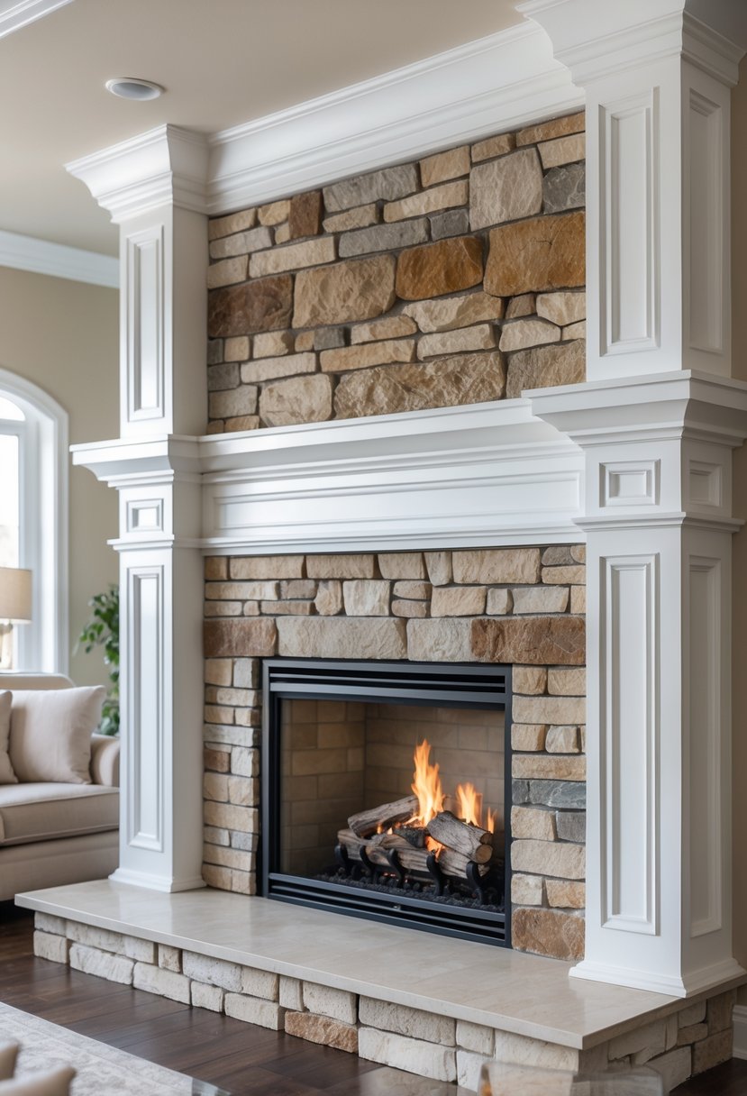 Living room with a stone-inlaid fireplace surrounded by white wooden trim and molding.