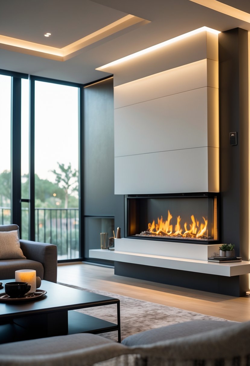Living room with a wall-mounted horizontal ribbon fireplace and modern furniture.