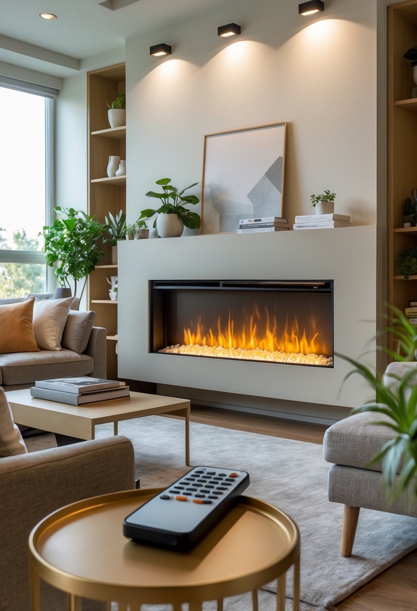 A modern living room with an electric fireplace insert glowing warmly and a remote control on a side table nearby.