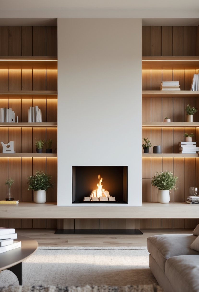 Living room with a built-in fireplace and wooden shelves filled with books and decorations.