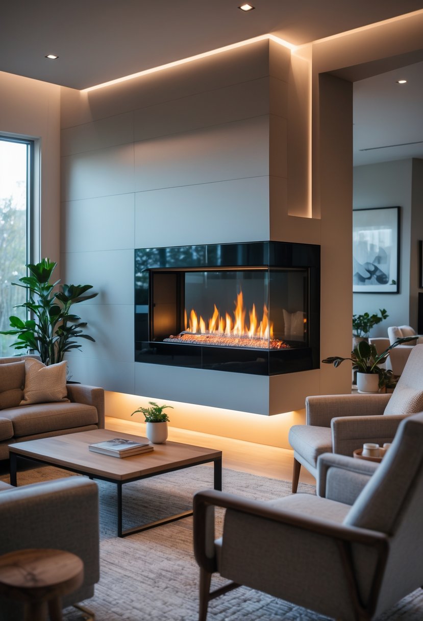Living room with a gas fireplace featuring a glass front, surrounded by seating and decor.