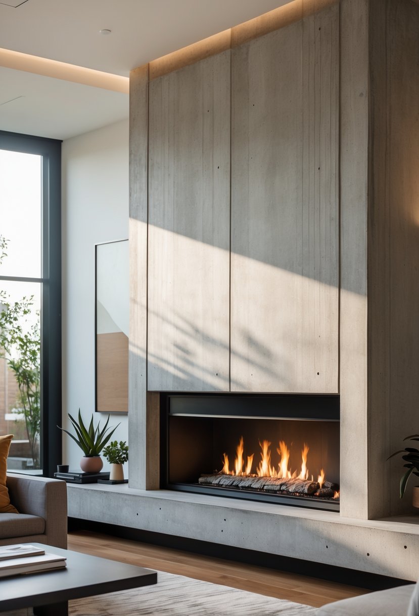 Living room with a concrete fireplace, sofa, coffee table, and natural light coming through large windows.