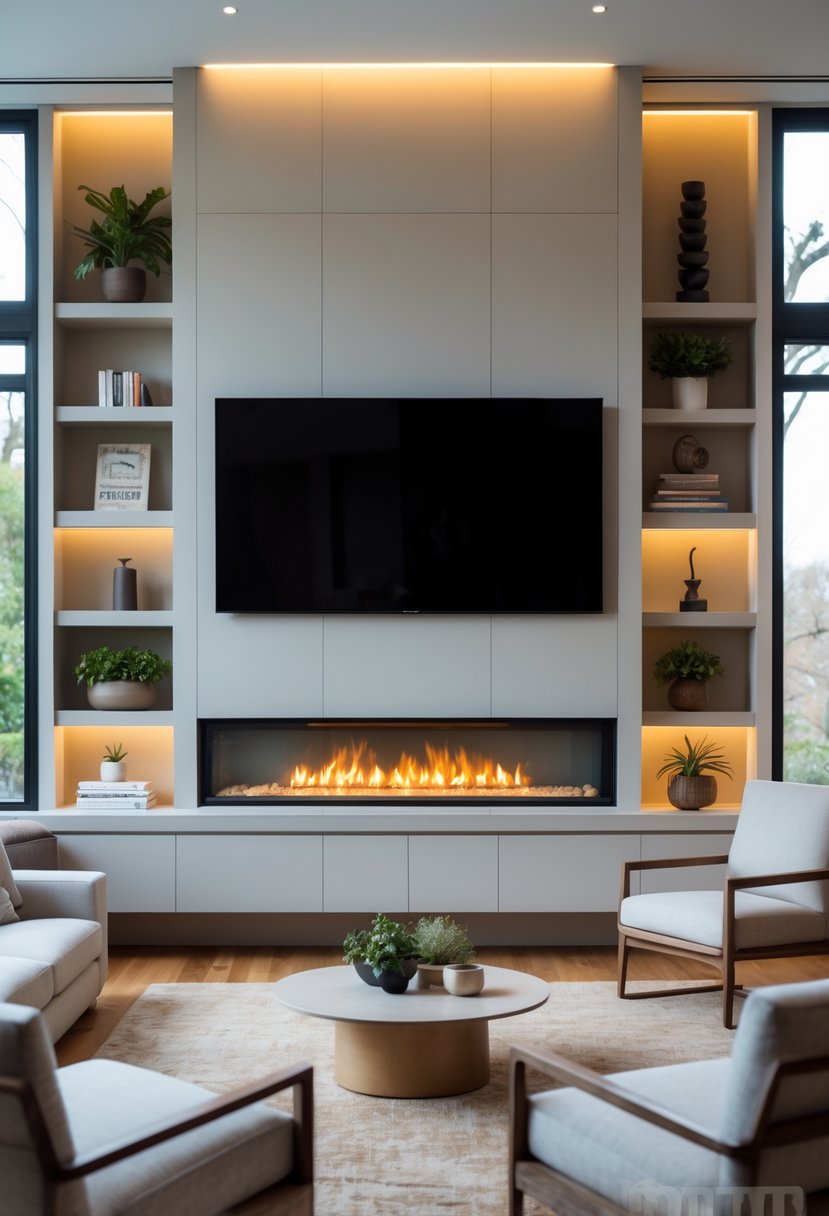 Living room with a fireplace integrated below a wall-mounted flat-screen TV, surrounded by shelves and cozy furniture.