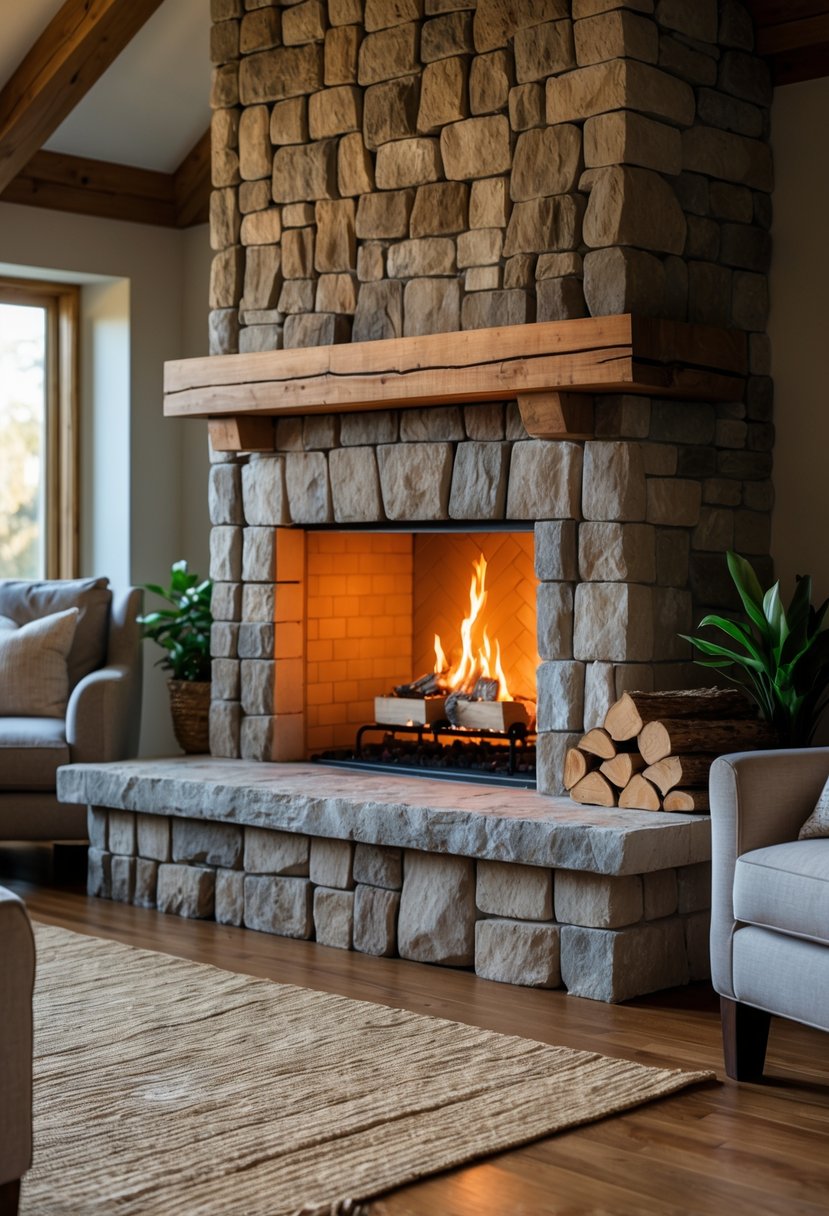 Living room with a wood-burning fireplace made of stone and a warm fire inside, surrounded by seating and wooden flooring.