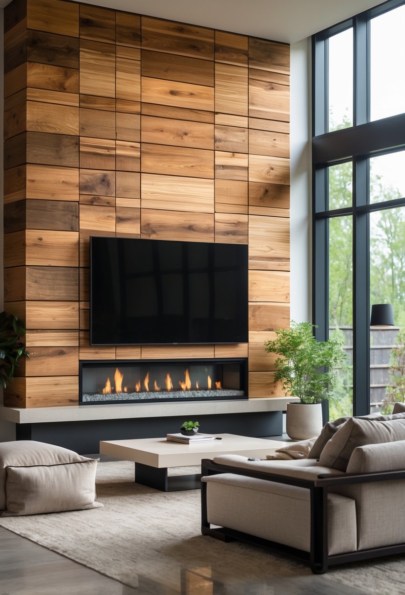Living room with a fireplace set into a textured wood panel wall, featuring a sofa and coffee table nearby.