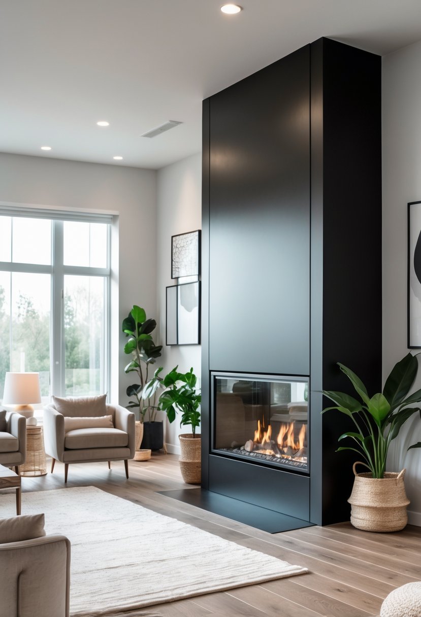 Living room with a black metal fireplace surround, sofa, armchairs, plants, and wooden floor.