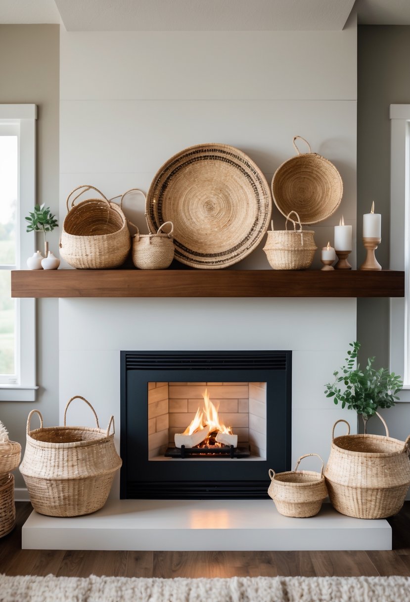 Living room with a fireplace and a mantel decorated with woven baskets.